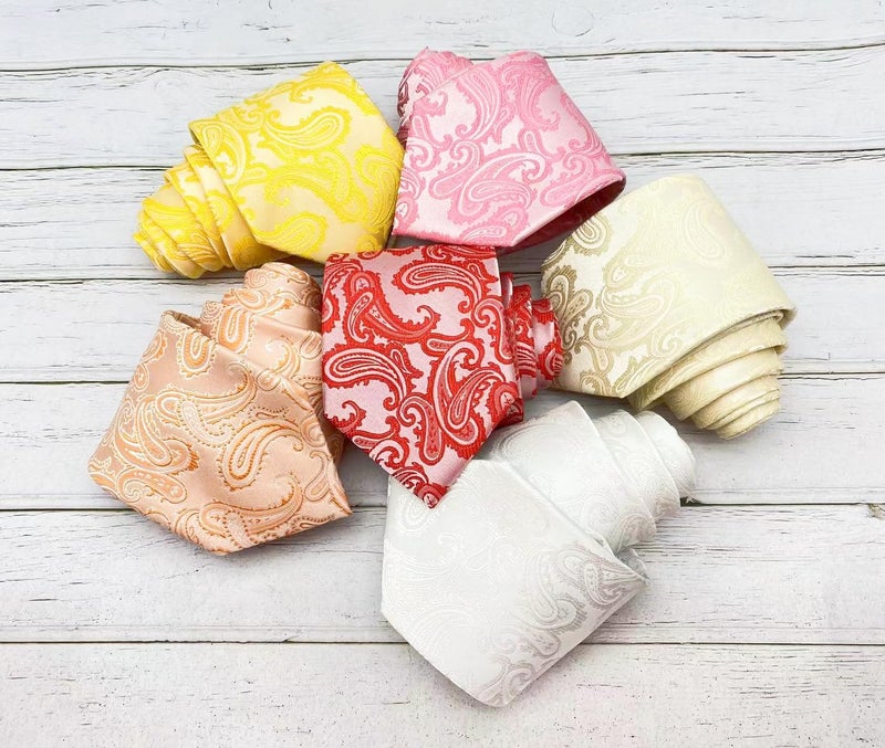 KissTies Peach Tie Set Paisley Necktie Pocket Square + Gift Box - Image 5